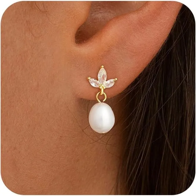 Pearl Earrings for Women Trendy, 14k Gold Plated Freshwater CZ Leaf Pearl Dangle Drop Gold Earrings Lightweight Hypoallergenic Stud Earring Bridesmaid Wedding Gold Jewelry for Women Gifts