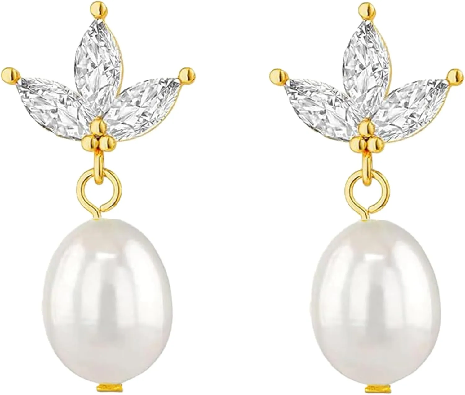Pearl Earrings for Women Trendy, 14k Gold Plated Freshwater CZ Leaf Pearl Dangle Drop Gold Earrings Lightweight Hypoallergenic Stud Earring Bridesmaid Wedding Gold Jewelry for Women Gifts