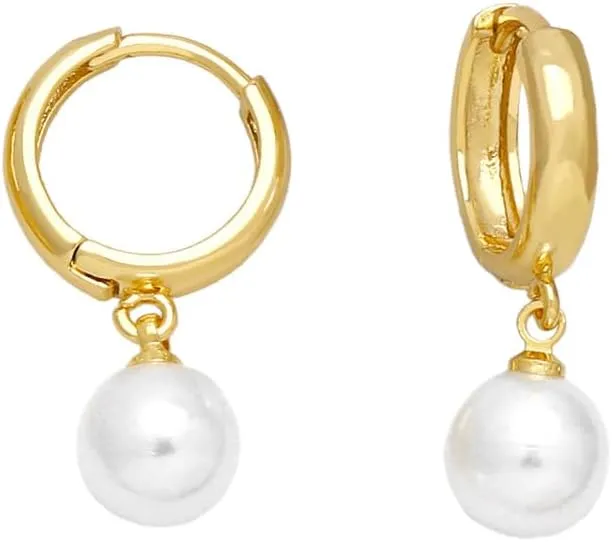 Pearl Huggie Earrings Small Gold Huggie Hoop Earrings 14K Gold Plated Pearl Drop Dangle Post Earrings Hanging Lightweight Hoop Dainty Earrings Fashion Korean Earrings Jewelry for Women