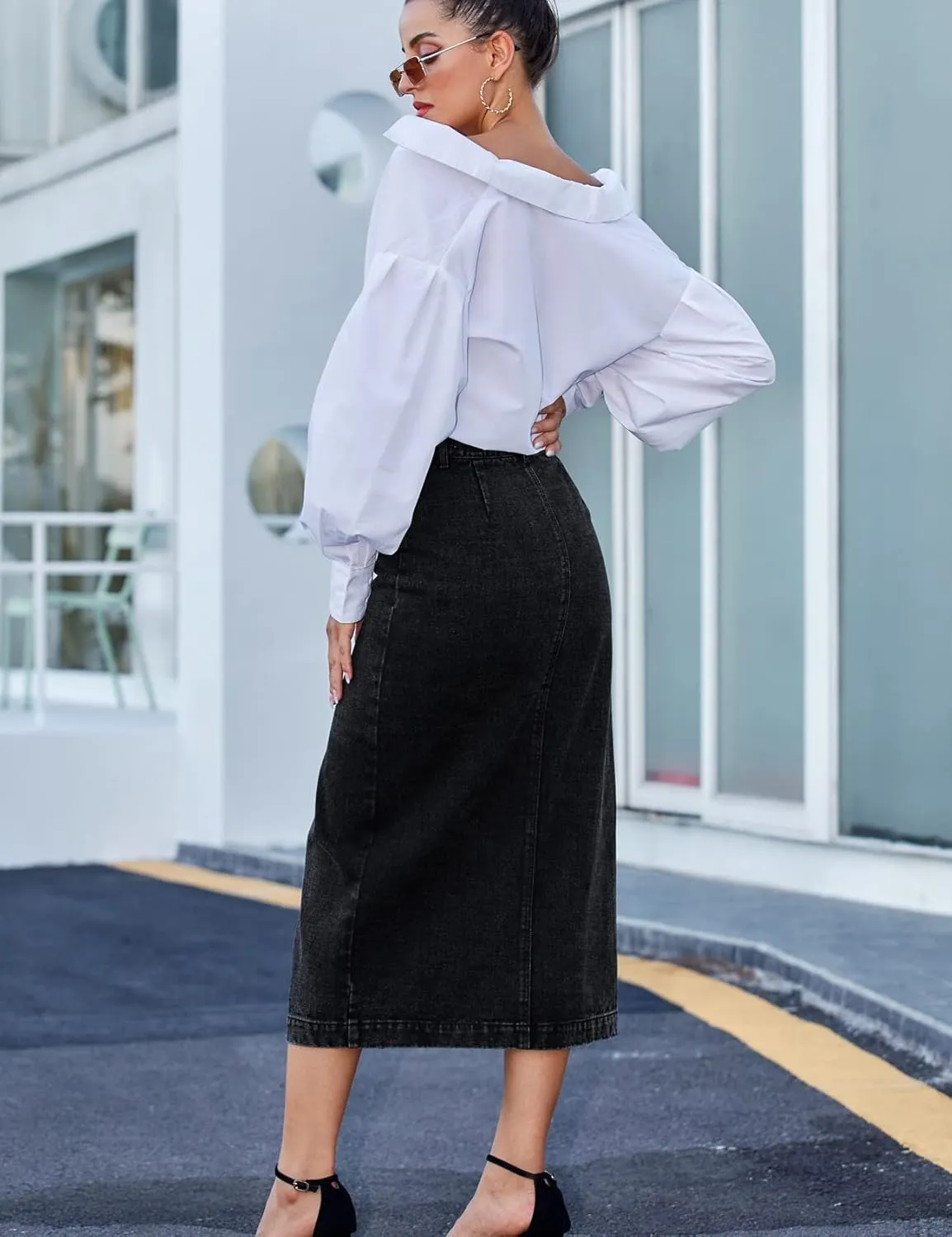 Perbai Womens High Waisted Long Denim Skirt Slim Button Front Split Jean Pencil Skirt