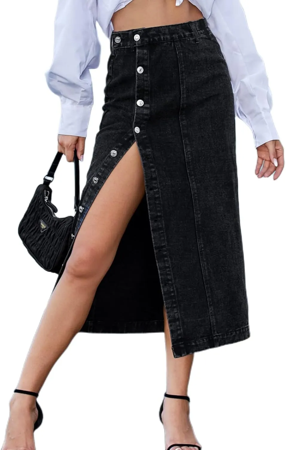 Perbai Womens High Waisted Long Denim Skirt Slim Button Front Split Jean Pencil Skirt