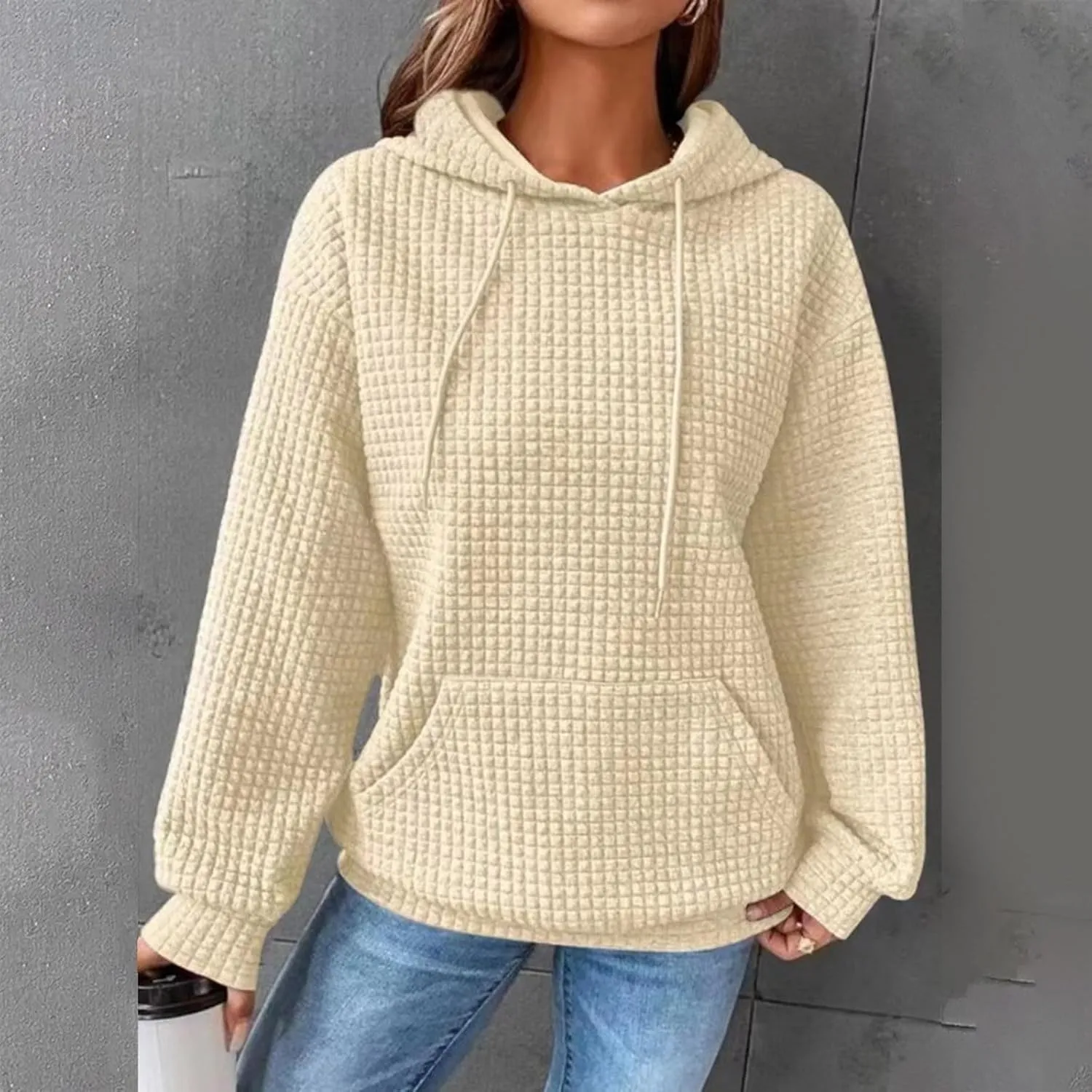 PETYCZEN Fall Sweatshirts for Women Casual Long Sleeve Lightweight Cable Knit Oversized Hoodie Drawstring Pullover Tops