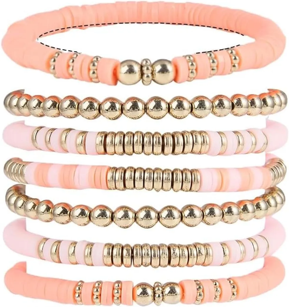 Pingyongchang Heishi Gold Beaded Bracelets Set for Women Men Bohemian Polymer Clay Colorful Surfer Vinyl Disc Stretch Layering Stackable Friendship Boho Bracelet Summer Beach Jewelry Gifts