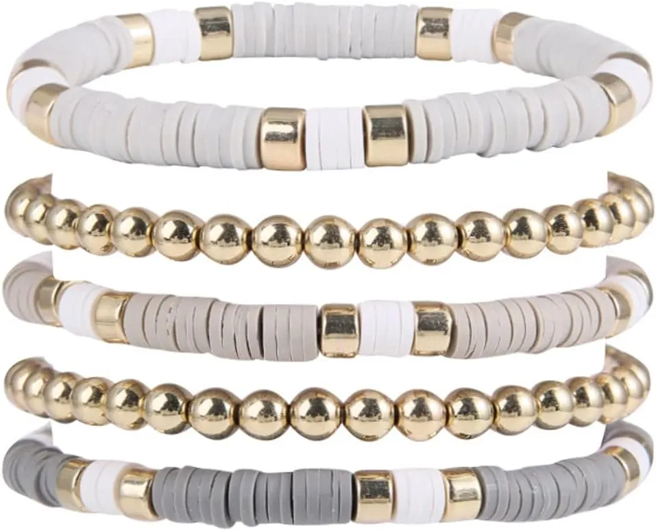 Pingyongchang Surfer Heishi Clay Beaded Bracelets for Women Boho Polymer Clay Colorful Surfer Stackable Beads Stretch Bracelet Summer Beach Elastic Layering Bracelets Set for Women Jewelry