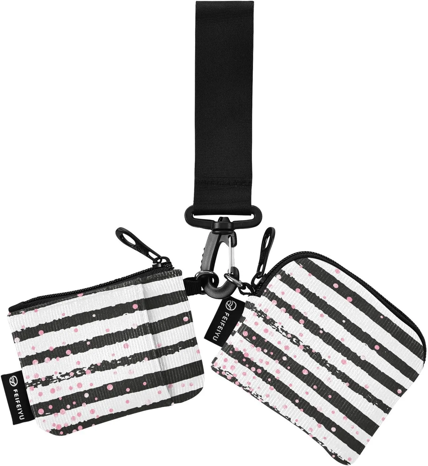 Pink Dots Black Stripes Wristlet Keychain Wallets for Women Portable Small Coin Purse
