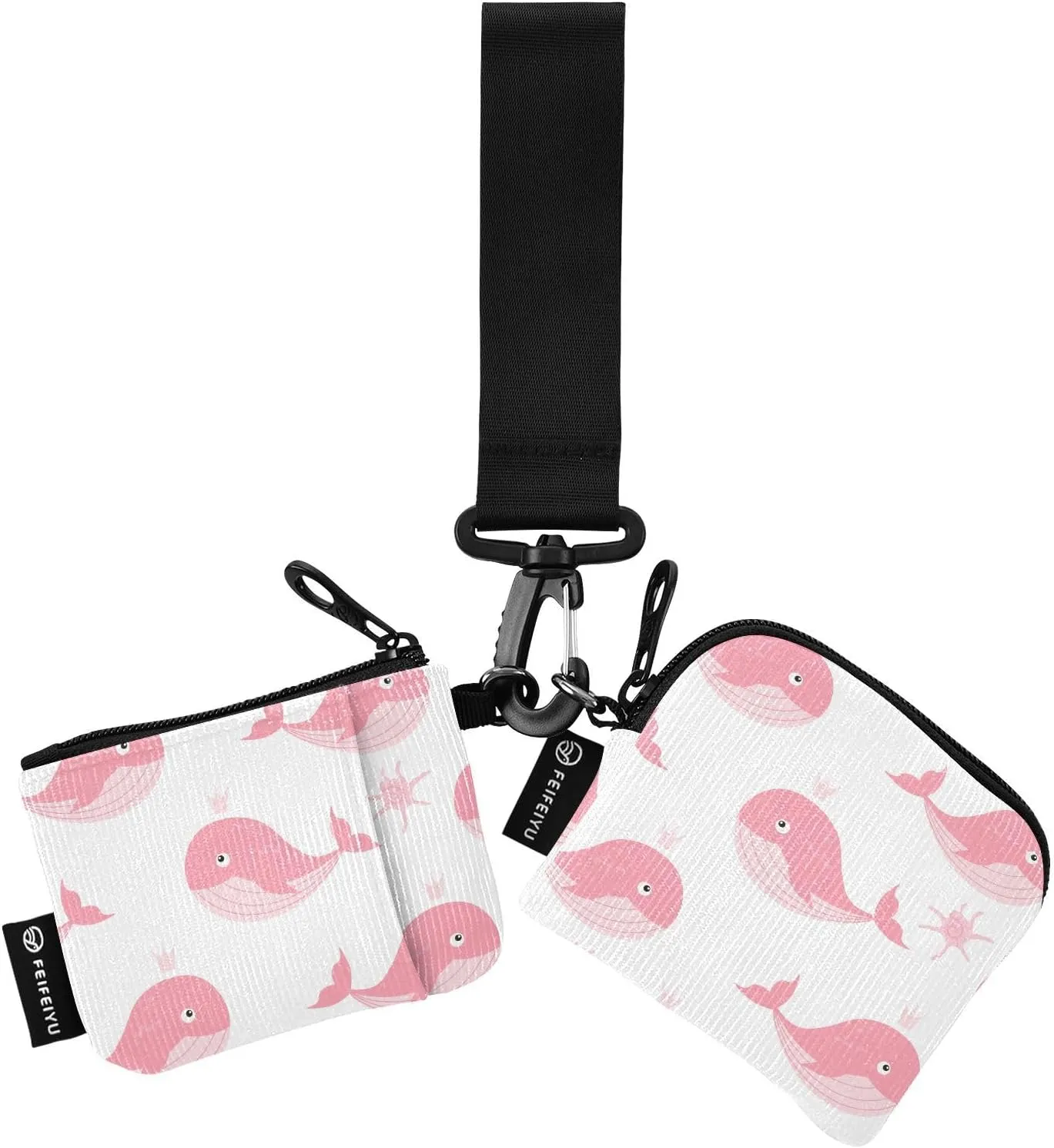 Pink Whale 2PCS Coin Purse Wristlet Wallets Keychain Wallet Zip Around Portable Wallet with Detachable Dual Pouch
