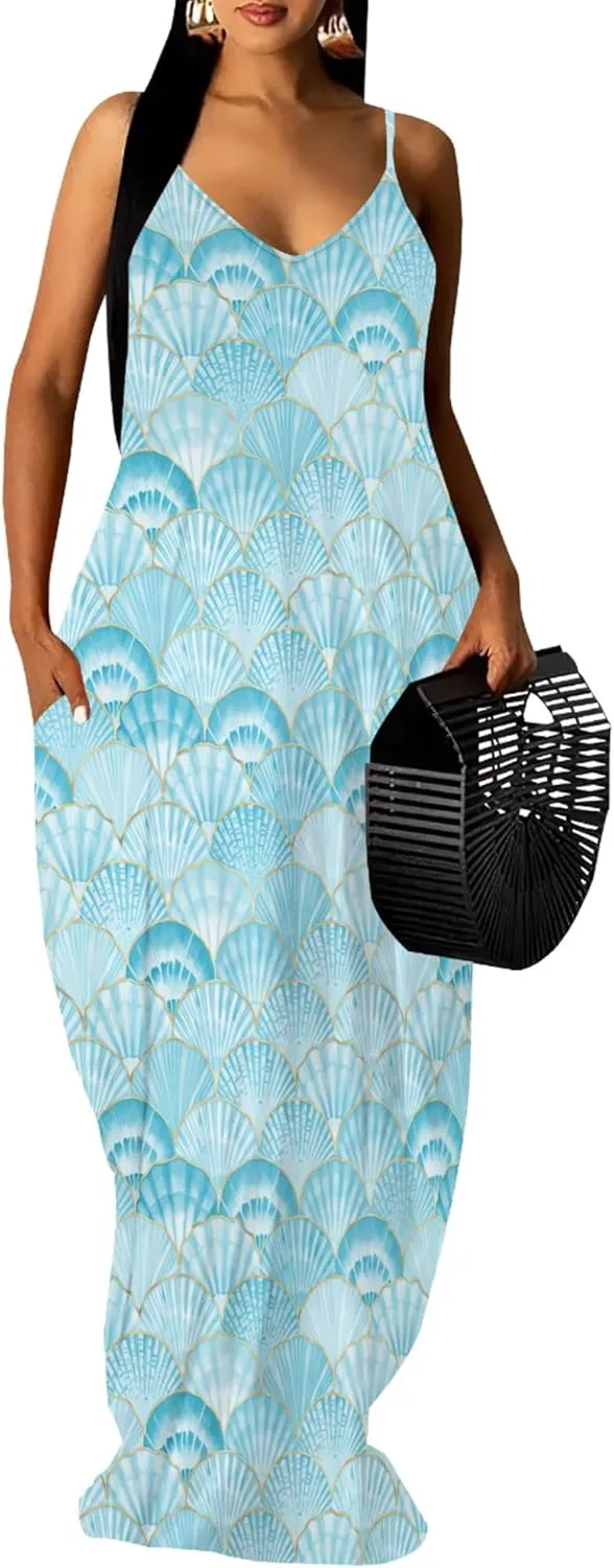 PinkPatty Women Summer Plus Size Hawaiian Dresses Spaghetti Strap Maxi Dress Beach Boho Casual Sundress