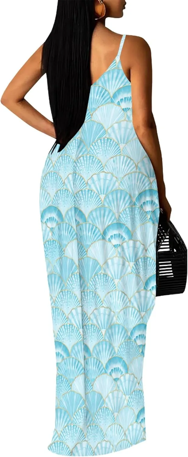 PinkPatty Women Summer Plus Size Hawaiian Dresses Spaghetti Strap Maxi Dress Beach Boho Casual Sundress