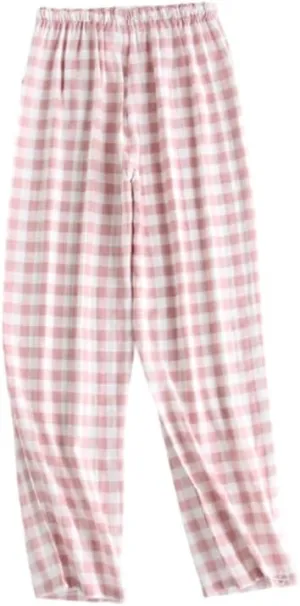 Plaid Pants Women Cotton Wide Leg Y2k Gingham Pajamas Pants Elastic High Waist Checkered Lounge PJ Pants Going Out Trousers