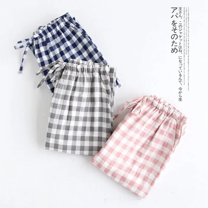 Plaid Pants Women Cotton Wide Leg Y2k Gingham Pajamas Pants Elastic High Waist Checkered Lounge PJ Pants Going Out Trousers