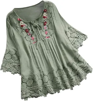 Plus Size Cotton Linen Tops Women Floral Decor Lace Shirts Cute Boho Tunic Tops Half Sleeve Tees Holiday Pullovers