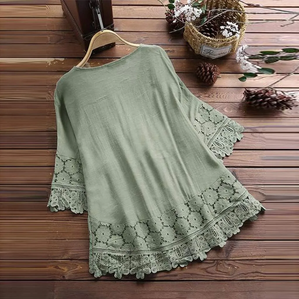 Plus Size Cotton Linen Tops Women Floral Decor Lace Shirts Cute Boho Tunic Tops Half Sleeve Tees Holiday Pullovers