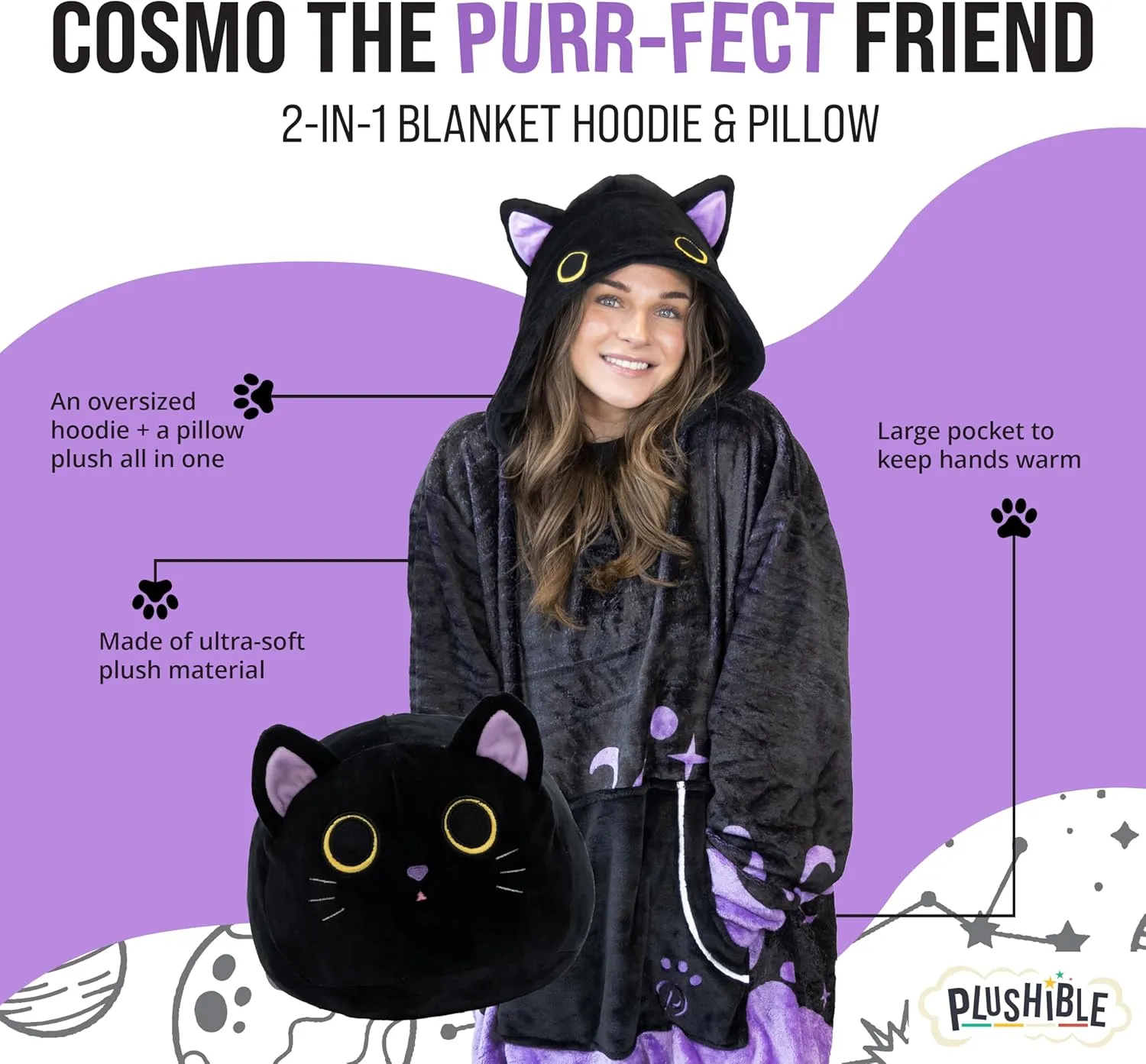 Plushible Wearable Blanket Hoodie, 2-in-1 Oversized Hoodie Blanket Pillow, Long Sleeve Sweatshirt Pocket, Cozy Holiday Gift