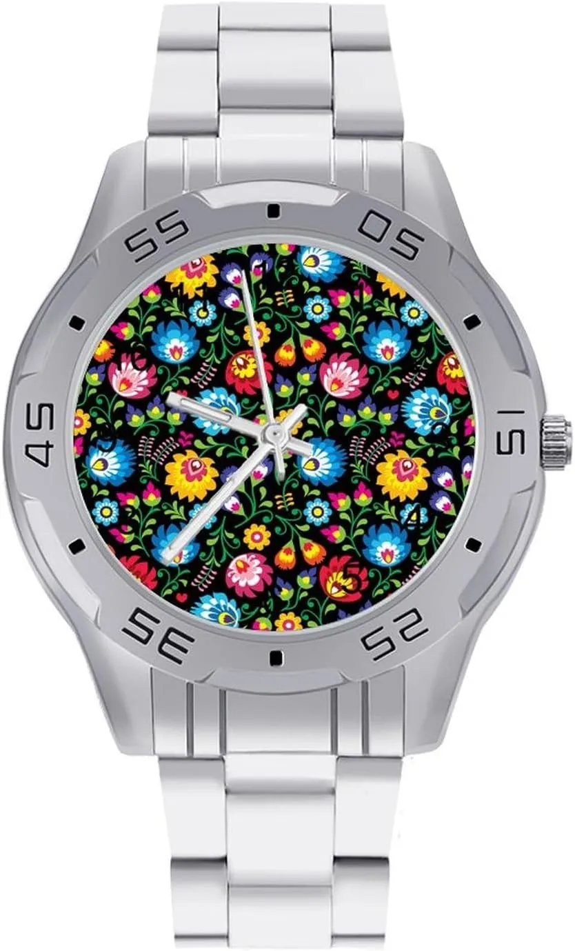 Polish Floral Folk Art Poland Flowers Classic Wrist Watches for Men Casual Business Dress Watch with Stainless Steel Band Work Party