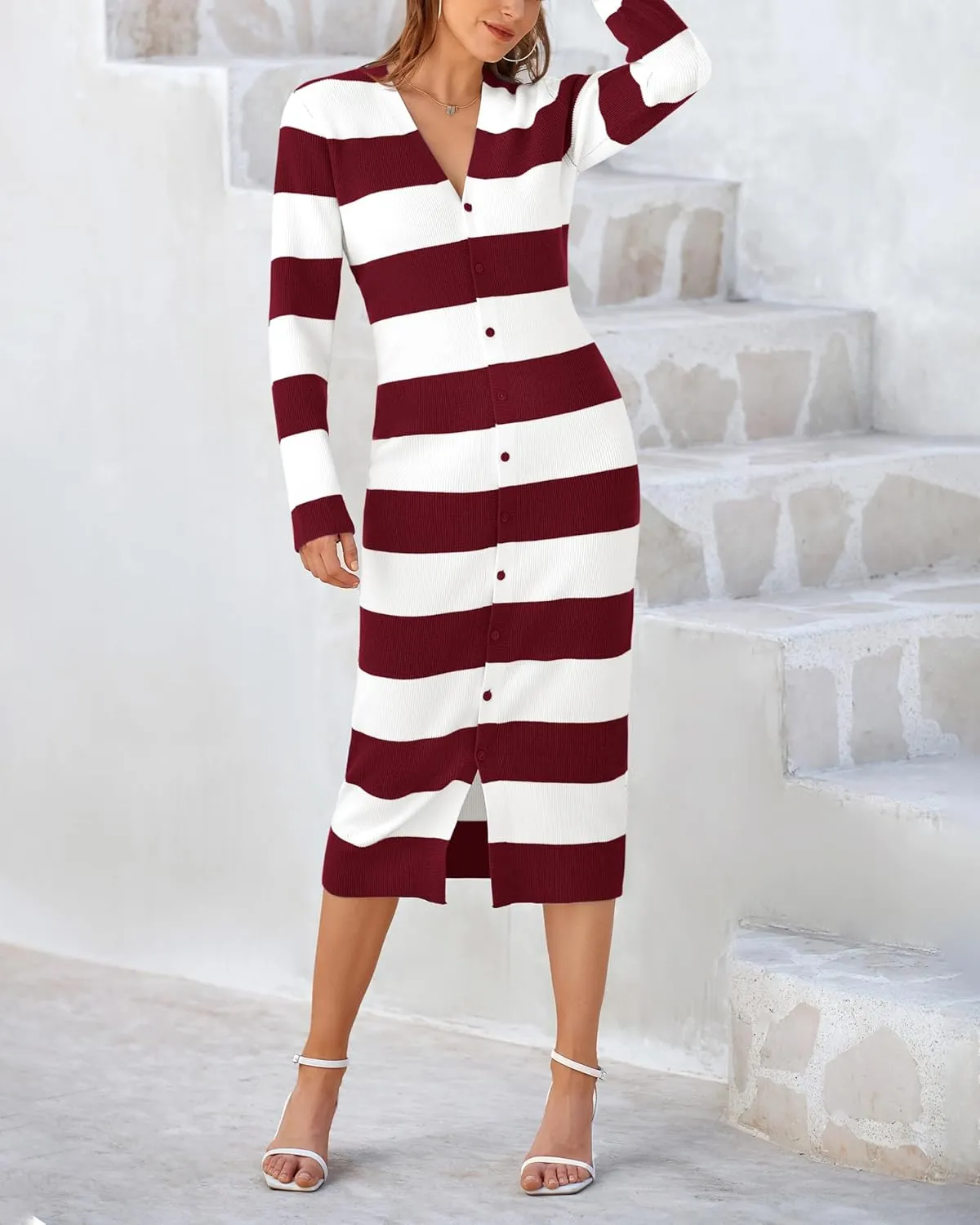 PRETTYGARDEN Women's Dresses 2025 Fall Long Sleeve V Neck Button Down Ribbed Knit Stripes Bodycon Midi Sweater Dress