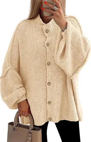 PRETTYGARDEN Women's Winter Button Down Cardigan Sweaters Mock Neck Lantern Long Sleeve Chunky Knit Jacket Trendy Outerwear