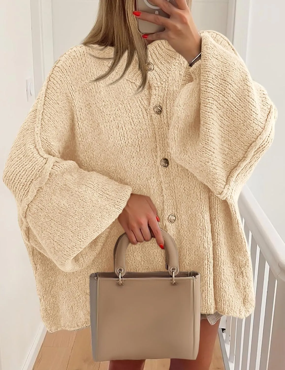 PRETTYGARDEN Women's Winter Button Down Cardigan Sweaters Mock Neck Lantern Long Sleeve Chunky Knit Jacket Trendy Outerwear