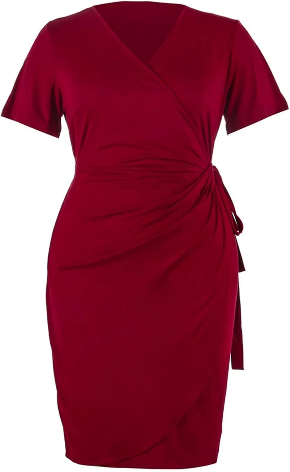 PTOLOCIF Plus Size Dresses for Curvy Women Wrap V Neck Midi Dresses Short Sleeve Ruched Bodycon Cocktail Party Dresses