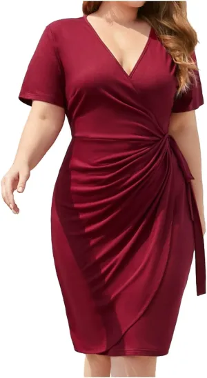 PTOLOCIF Plus Size Dresses for Curvy Women Wrap V Neck Midi Dresses Short Sleeve Ruched Bodycon Cocktail Party Dresses