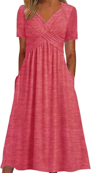 PTOLOCIF Women Fashion Solid Short Sleeve Casual Loose Long Dress with Pockets Dress for Women Beach Summer