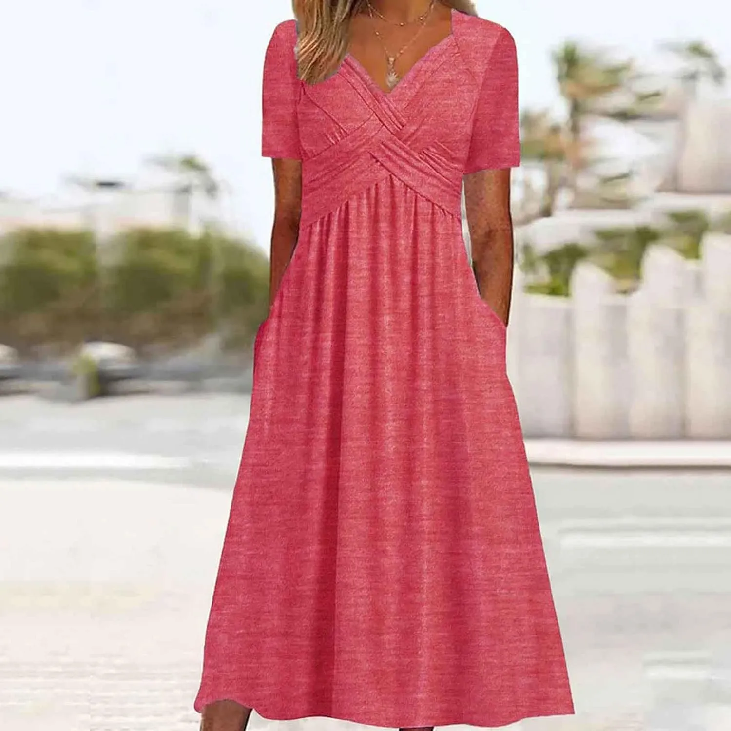 PTOLOCIF Women Fashion Solid Short Sleeve Casual Loose Long Dress with Pockets Dress for Women Beach Summer