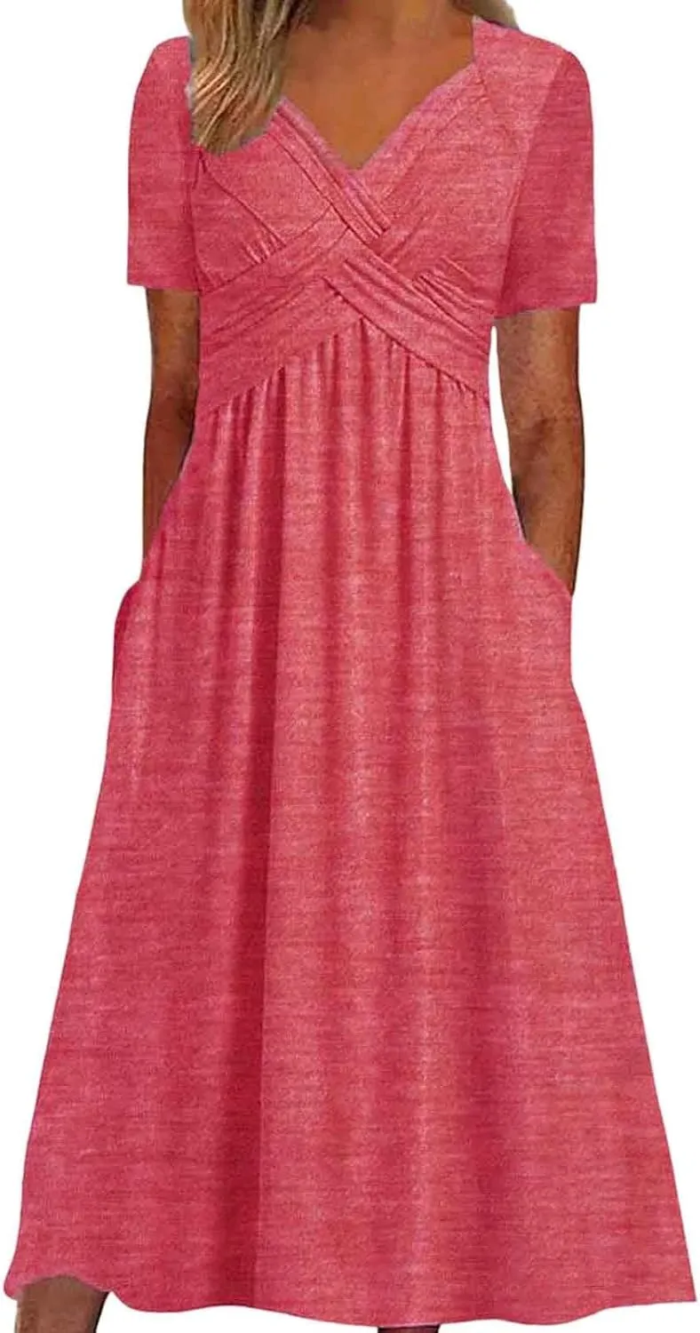 PTOLOCIF Women Fashion Solid Short Sleeve Casual Loose Long Dress with Pockets Dress for Women Beach Summer