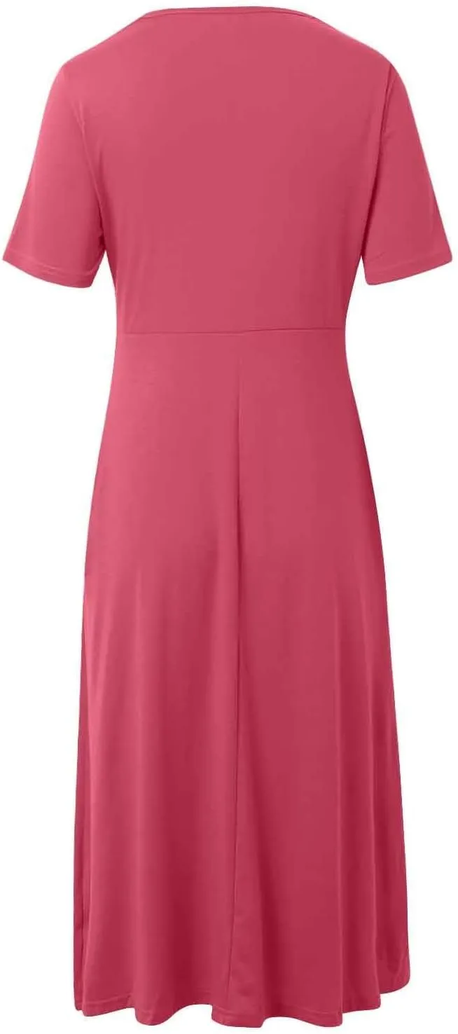 PTOLOCIF Women Fashion Solid Short Sleeve Casual Loose Long Dress with Pockets Dress for Women Beach Summer