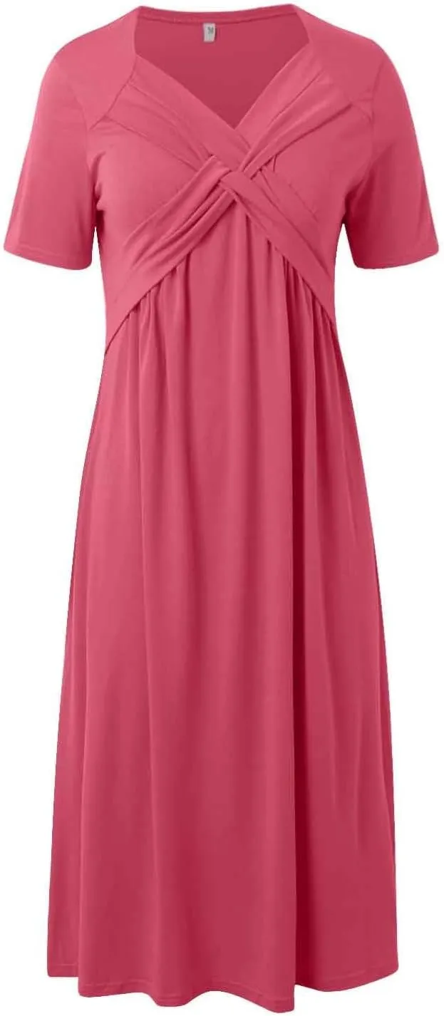 PTOLOCIF Women Fashion Solid Short Sleeve Casual Loose Long Dress with Pockets Dress for Women Beach Summer