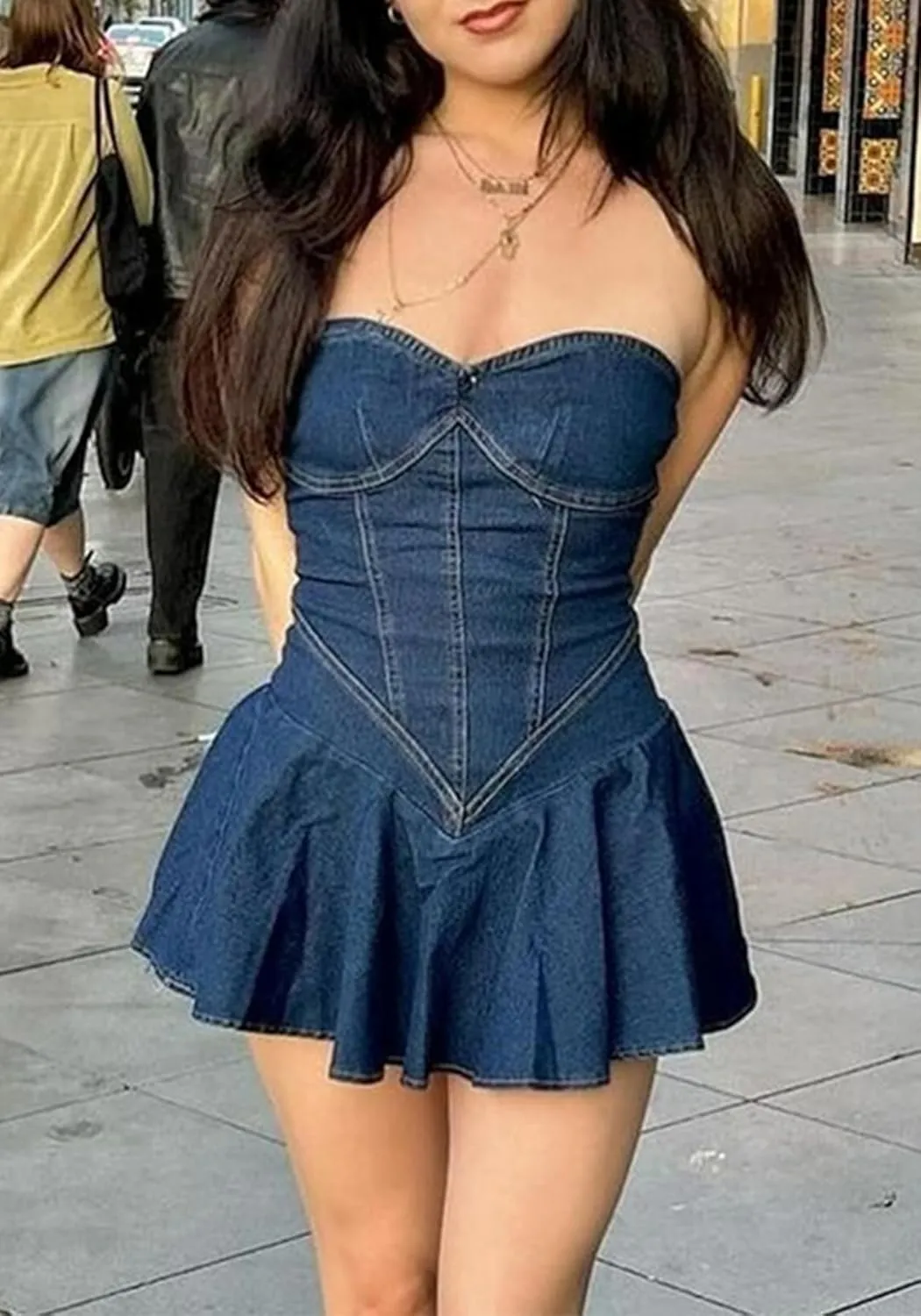 Ptorlio Sexy Tube Womens Denim Mini Dress V Neck Cargo Blue Jean Dresses Going Out Outfits