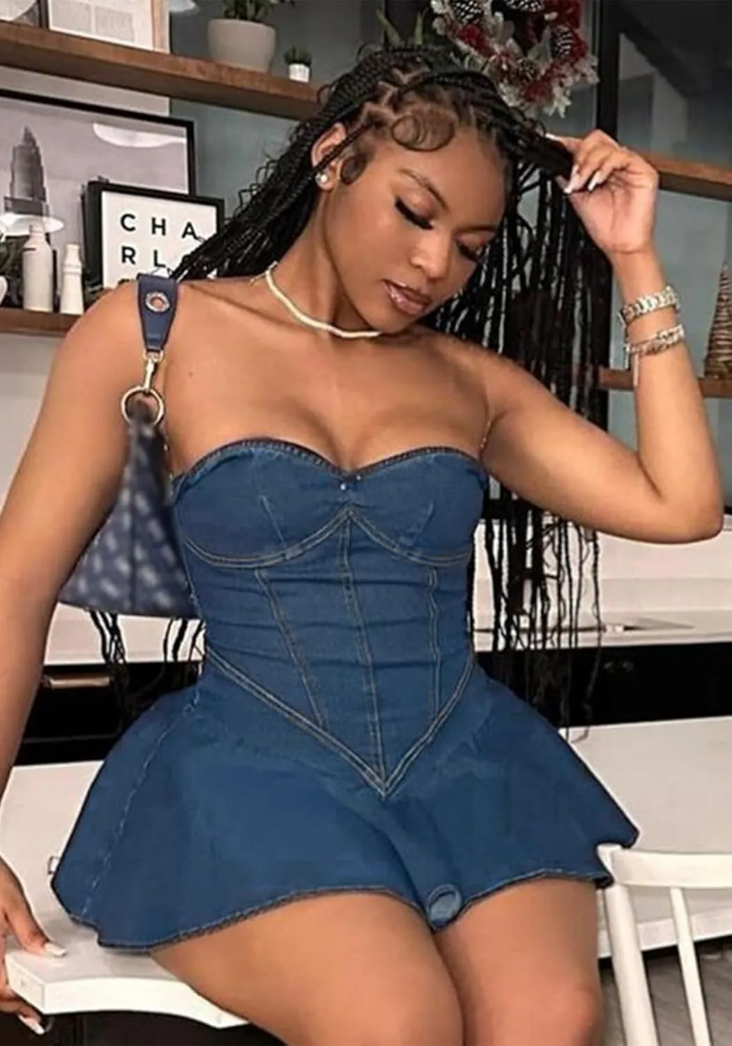 Ptorlio Sexy Tube Womens Denim Mini Dress V Neck Cargo Blue Jean Dresses Going Out Outfits