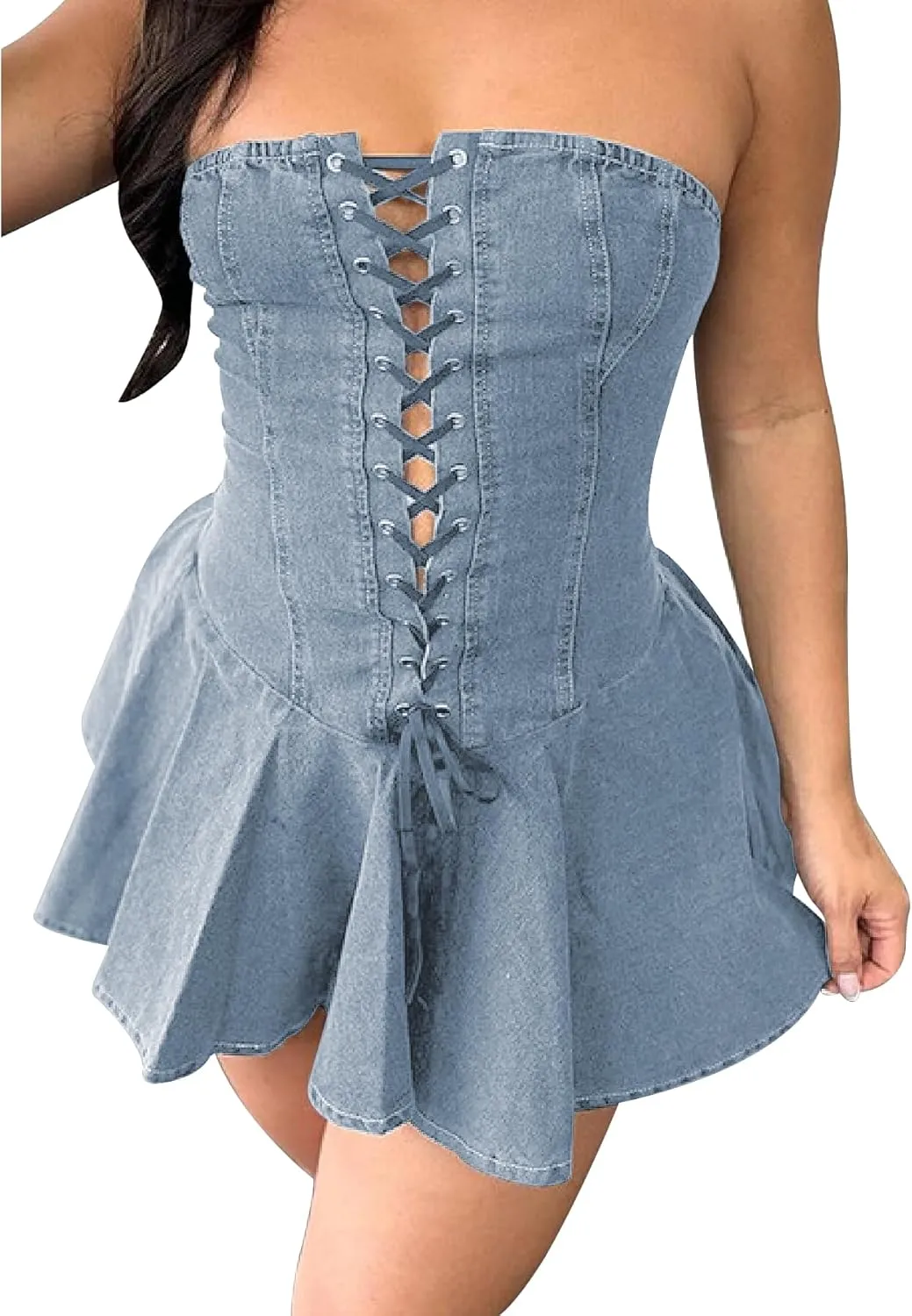 Ptorlio Summer Sexy Denim Mini Dress Strapless Party Club Tube A-line Corset Bandage Short Dresses
