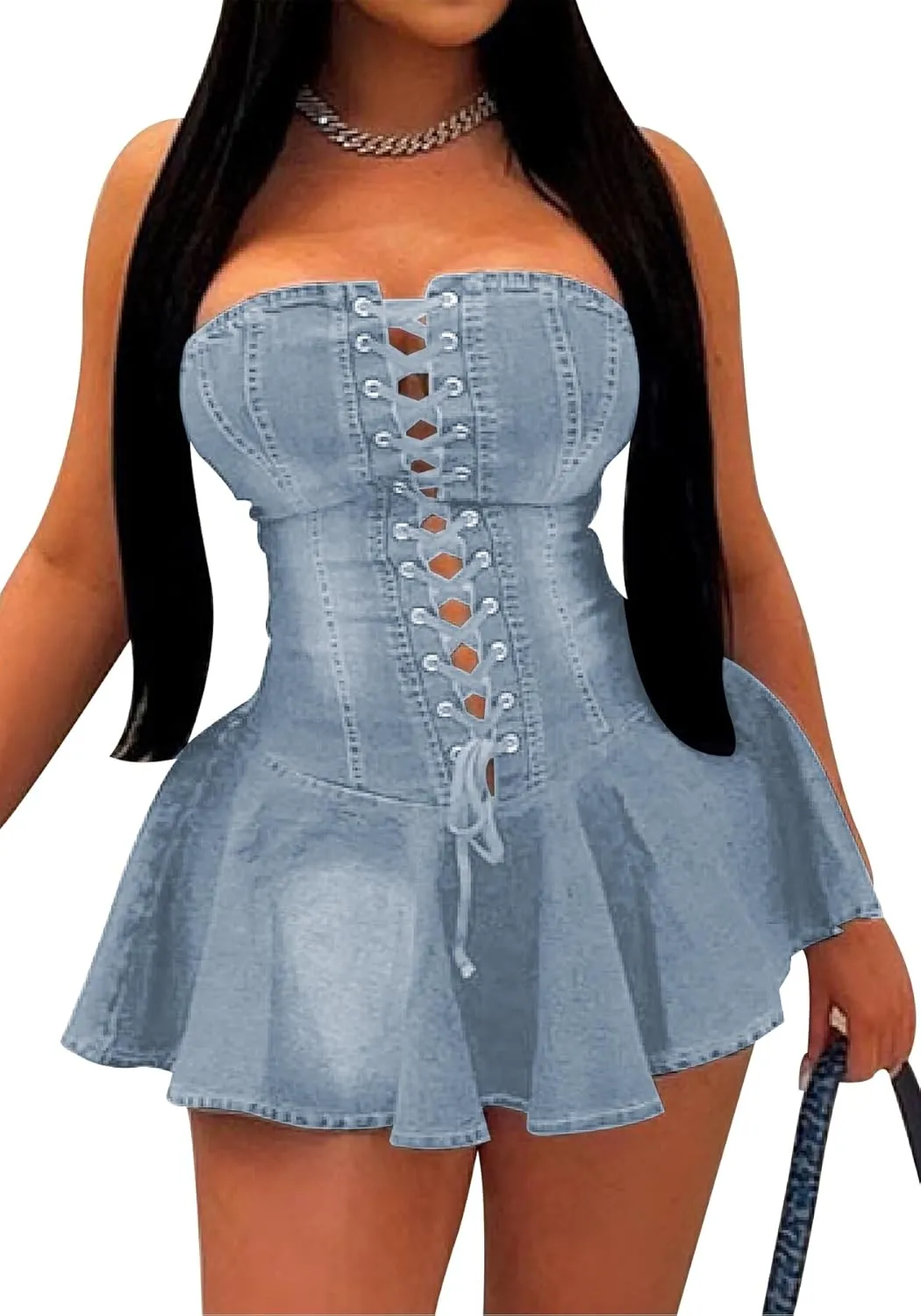 Ptorlio Summer Sexy Denim Mini Dress Strapless Party Club Tube A-line Corset Bandage Short Dresses
