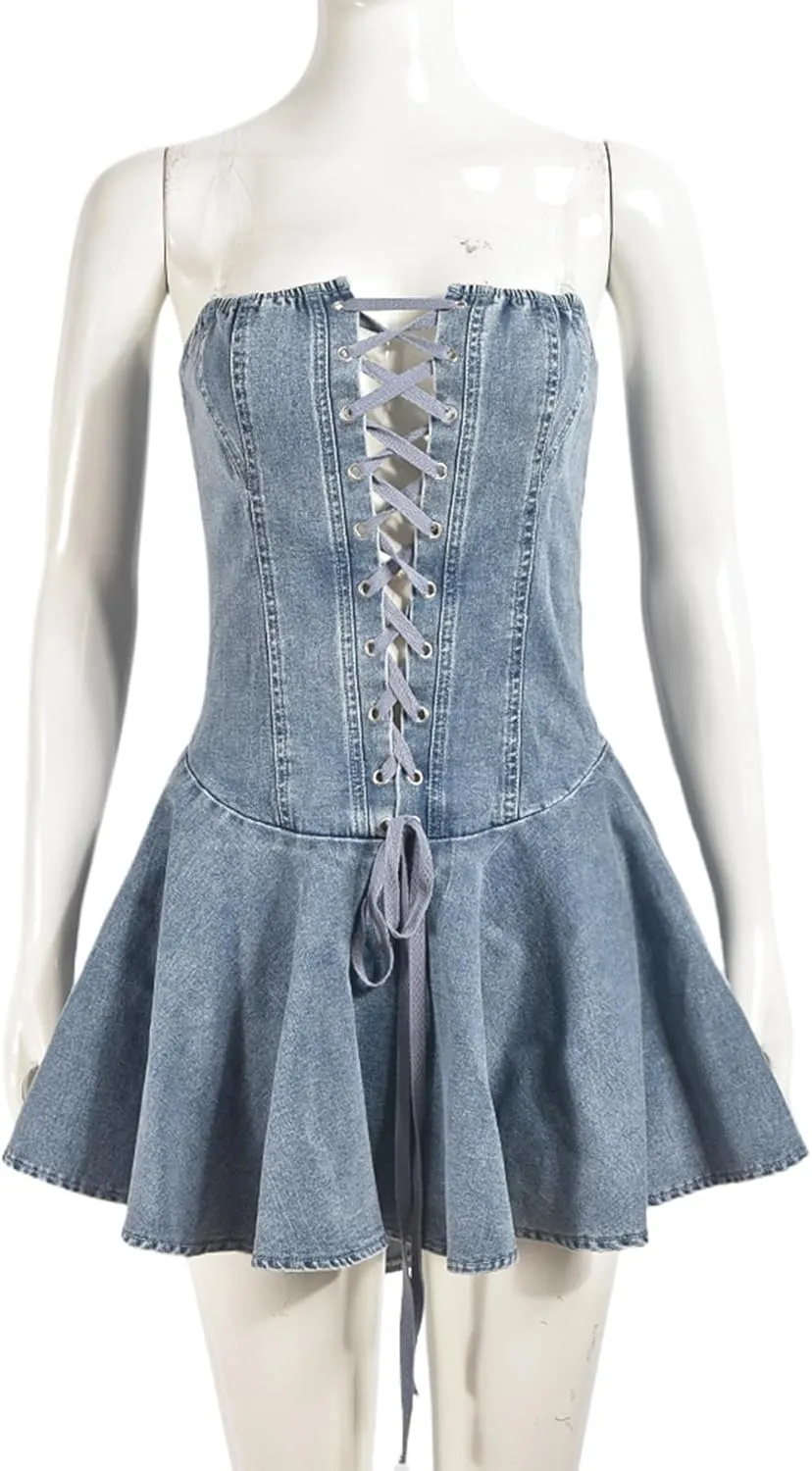 Ptorlio Summer Sexy Denim Mini Dress Strapless Party Club Tube A-line Corset Bandage Short Dresses