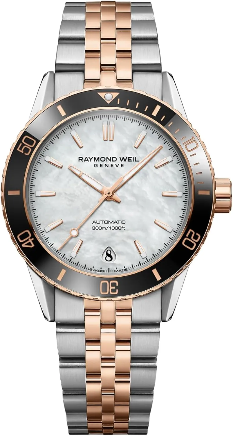 RAYMOND WEIL Freelancer Diver Automatic Watch, Mother-of-Pearl Dial with Indexes, Two-Tone Stainless Steel with Rose Gold PVD Plating Bracelet, 36 mm (Model: 2755-S51-97001)
