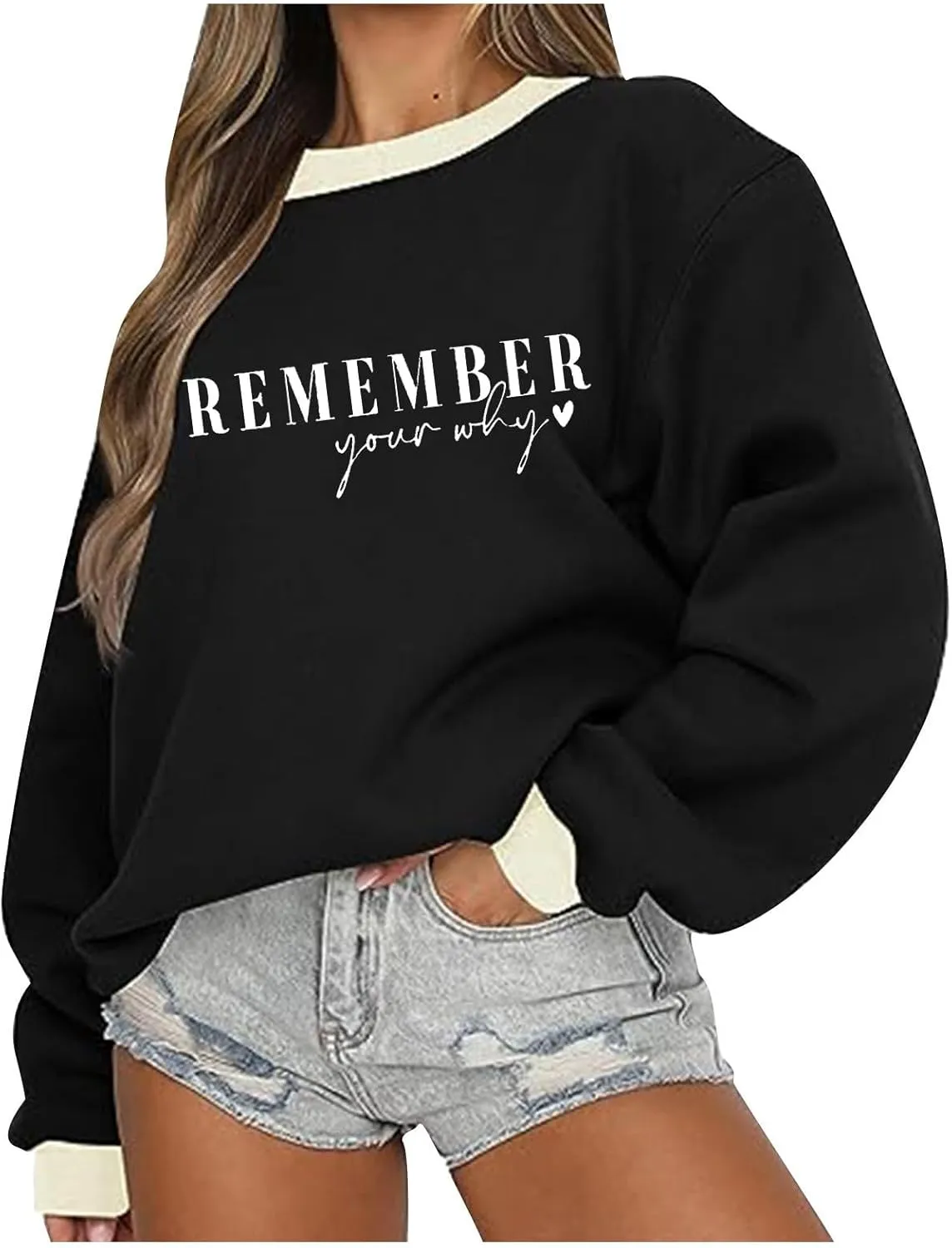 Remember Your Why Sweatshirt for Women Casual Long Sleeve Oversized Tops Trendy Crewneck Pullover Classic Solid Comfy Blouse