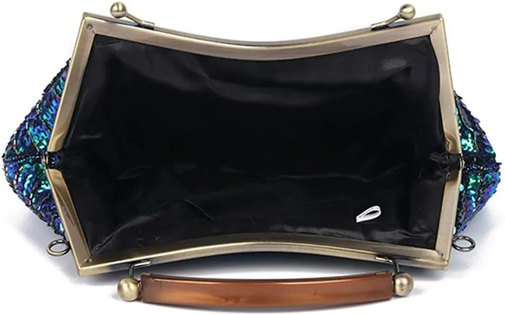 Retro Peacock Handbag Sequin Clutch Bag Evening Shoulder Bag Wedding Crossbody Bag Top Handle Satchel Kiss Lock Purse