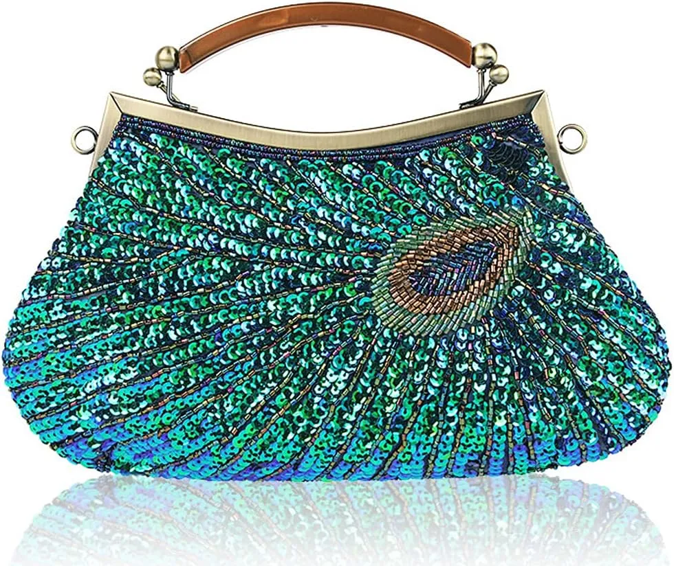 Retro Peacock Handbag Sequin Clutch Bag Evening Shoulder Bag Wedding Crossbody Bag Top Handle Satchel Kiss Lock Purse