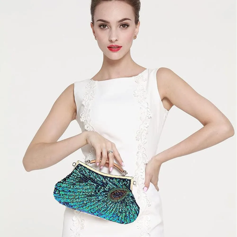 Retro Peacock Handbag Sequin Clutch Bag Evening Shoulder Bag Wedding Crossbody Bag Top Handle Satchel Kiss Lock Purse