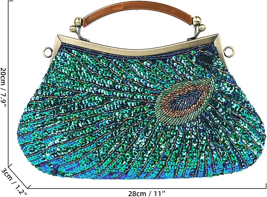 Retro Peacock Handbag Sequin Clutch Bag Evening Shoulder Bag Wedding Crossbody Bag Top Handle Satchel Kiss Lock Purse