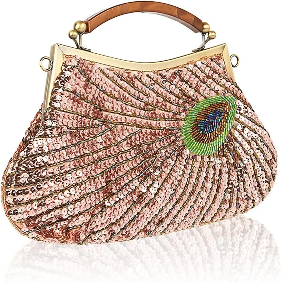 Retro Peacock Handbag Sequin Clutch Bag Evening Shoulder Bag Wedding Crossbody Bag Top Handle Satchel Kiss Lock Purse