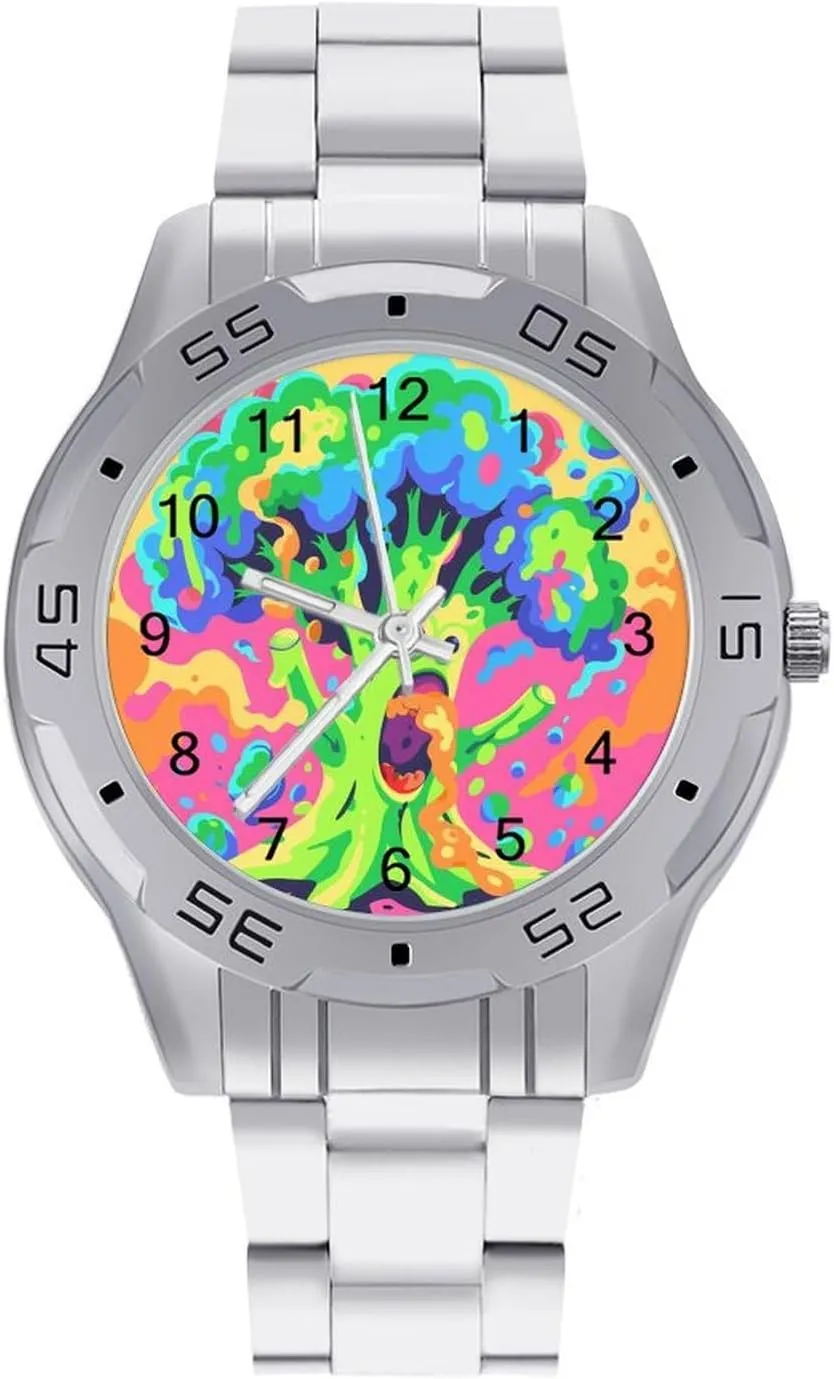 Roaring Vegetable Broccoli Classic Wrist Watches for Men Casual Business Dress Watch with Stainless Steel Band Work Party