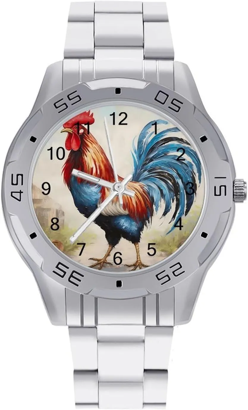 Rooster Picture Men's Business Watch Fashion Stainless Steel Wristwatches Custom Easy Read Watches for Women