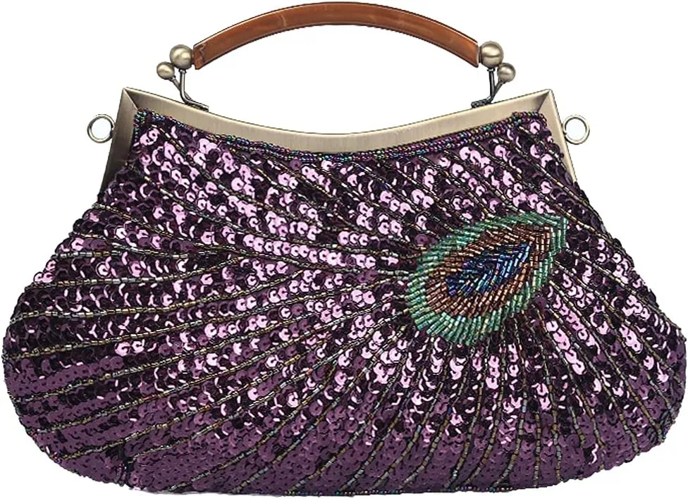 ROUROU Retro Peacock Handbag Sequin Clutch Bag Evening Shoulder Bag Wedding Crossbody Bag Top Handle Satchel Kiss Lock Purse