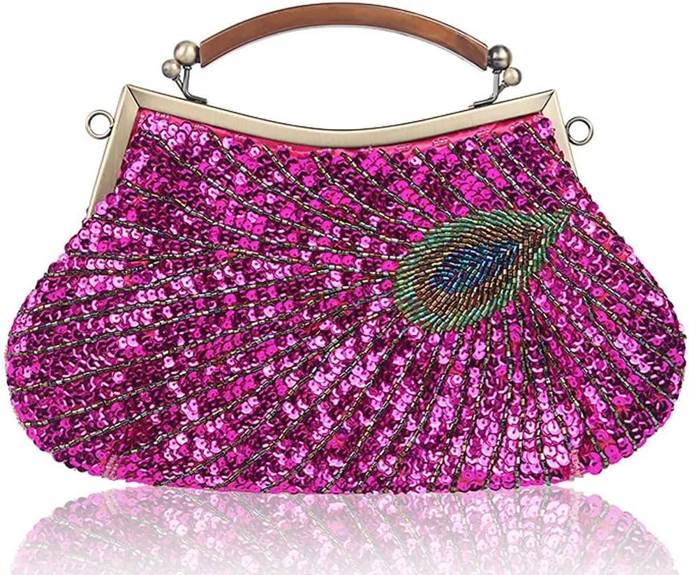 ROUROU Retro Peacock Handbag Sequin Clutch Bag Evening Shoulder Bag Wedding Crossbody Bag Top Handle Satchel Kiss Lock Purse