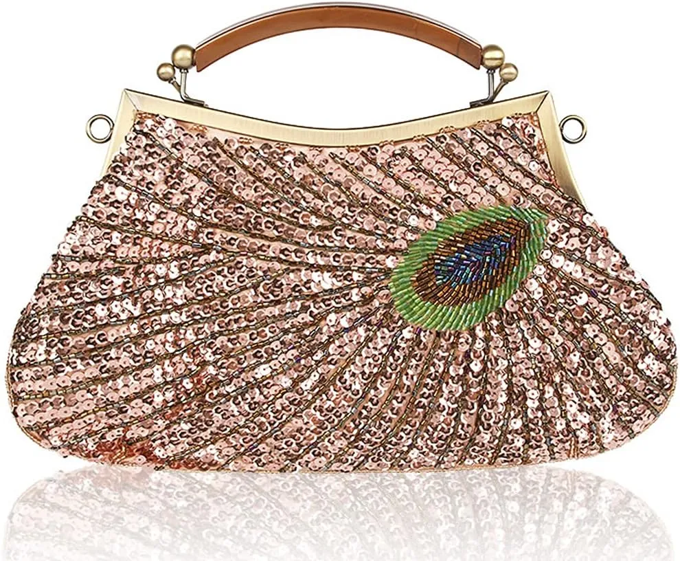 ROUROU Retro Peacock Handbag Sequin Clutch Bag Evening Shoulder Bag Wedding Crossbody Bag Top Handle Satchel Kiss Lock Purse