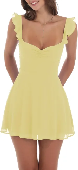 Ruffle Sleeve Tiered Babydoll Dress Summer Square Neck Tie Back Short Dresses Women Casual Y2k Sleeveless Mini Dress