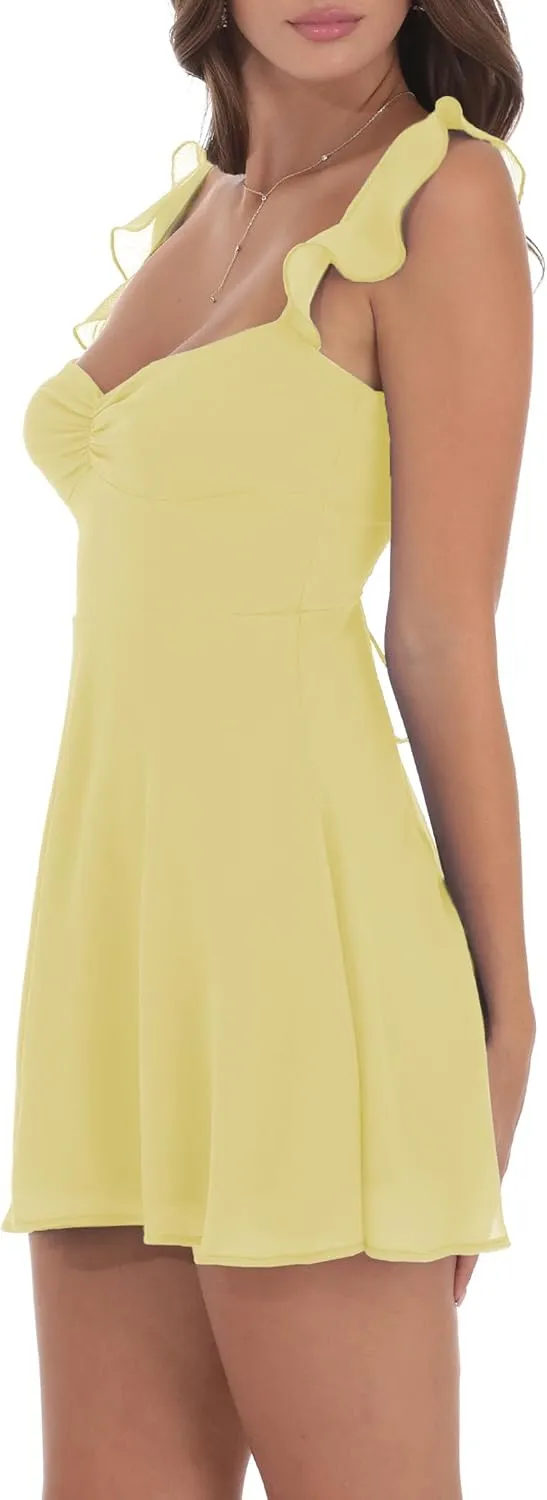 Ruffle Sleeve Tiered Babydoll Dress Summer Square Neck Tie Back Short Dresses Women Casual Y2k Sleeveless Mini Dress