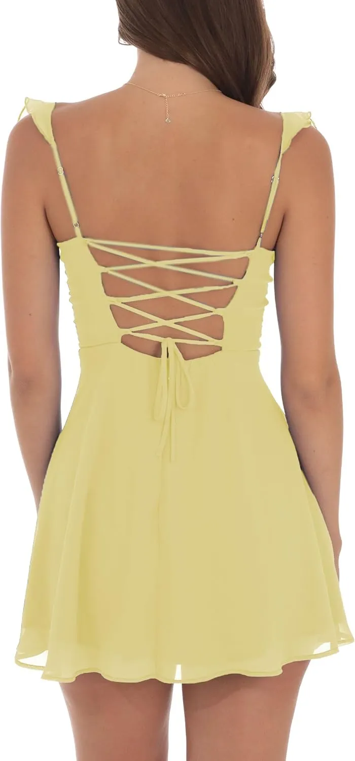 Ruffle Sleeve Tiered Babydoll Dress Summer Square Neck Tie Back Short Dresses Women Casual Y2k Sleeveless Mini Dress