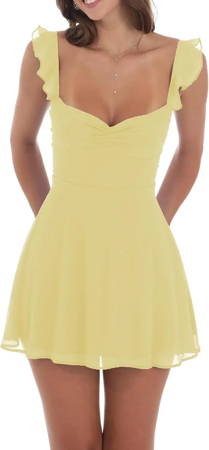 Ruffle Sleeve Tiered Babydoll Dress Summer Square Neck Tie Back Short Dresses Women Casual Y2k Sleeveless Mini Dress