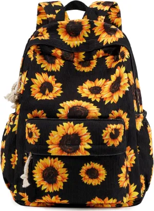 School Backpack for Teens, Corduroy Bookbag with 6X Cute Pin Accessories (Sunflower Black)